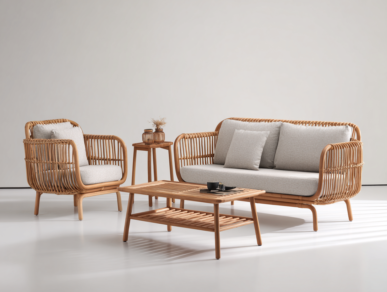 Divani da esterno - rattan-tessuto-legno - 208x84x80 cm - marrone naturale-beige - design boho-Lavoiacasa