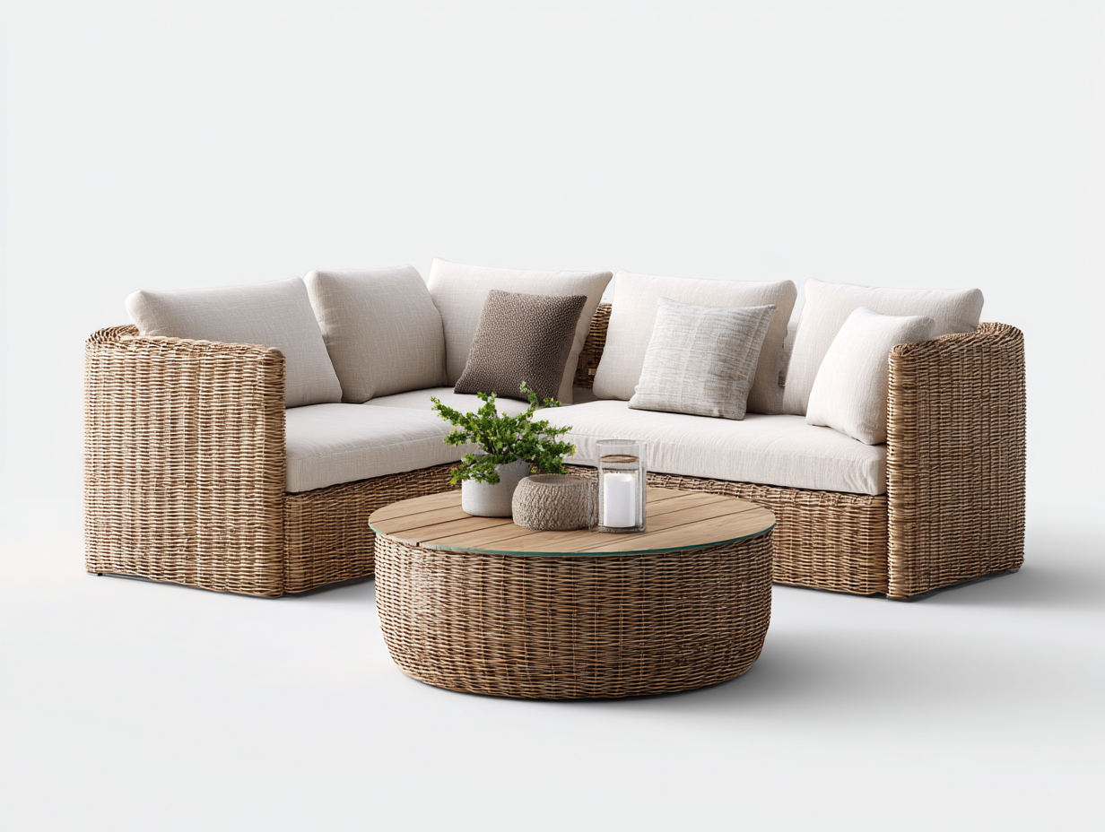 Divani da esterno - rattan-tessuto-legno - 238x184x76 cm - marrone naturale-beige - design naturale-Lavoiacasa