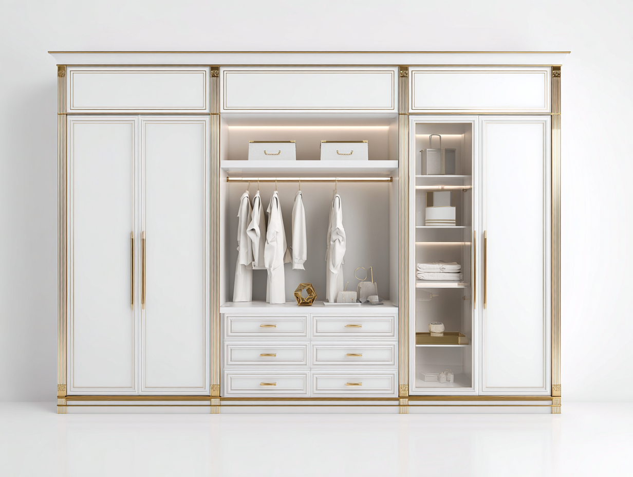 Armadio - Legno-Metallo-Vetro - 320x60x220 cm - Bianco-Oro-Trasparente - Classico con LED-Lavoiacasa