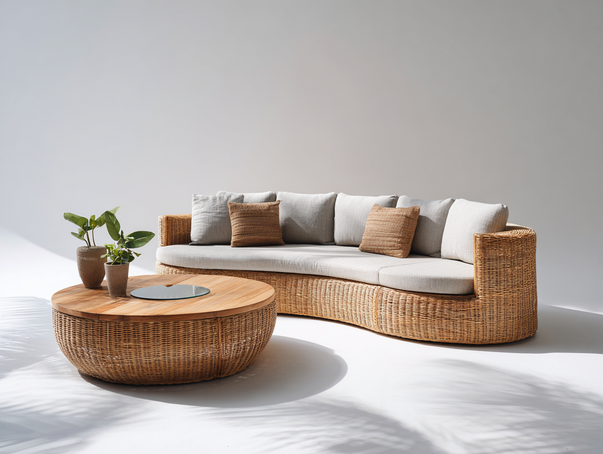 Divani da esterno - rattan-tessuto-legno-vetro - 245x92x76 cm - marrone naturale-beige - design naturale-Lavoiacasa