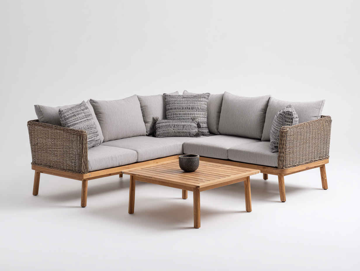 Divani da esterno - legno-rattan-tessuto - 238x238x78 cm - legno naturale-grigio - design moderno-Lavoiacasa