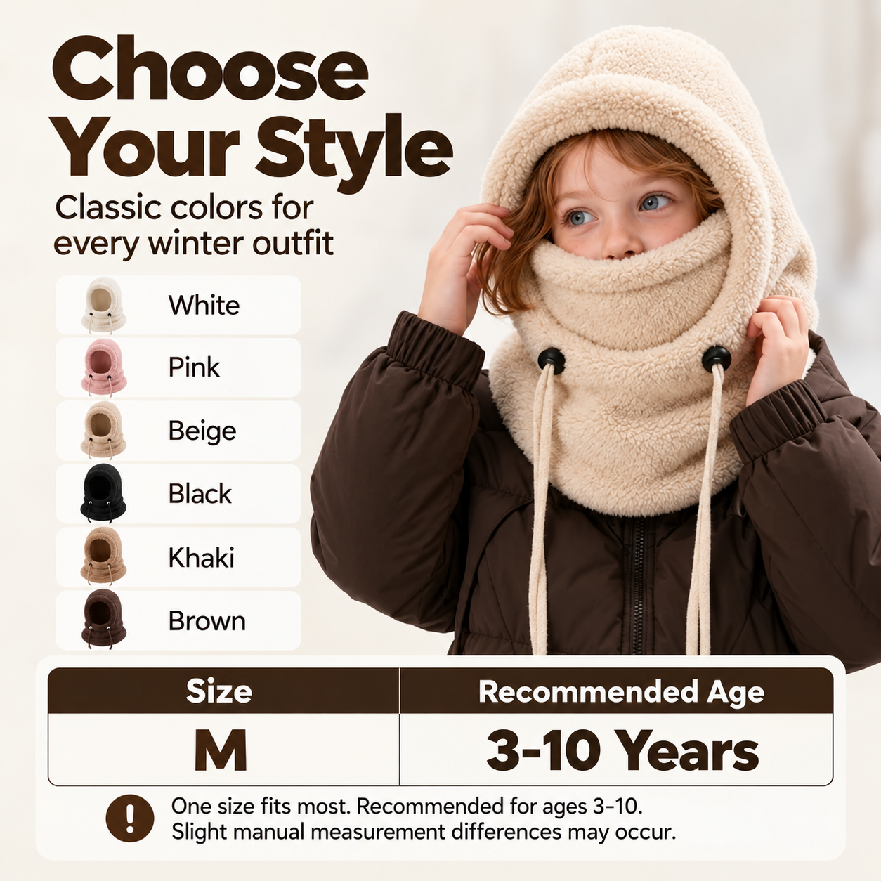 Children's winter hood colors and size options