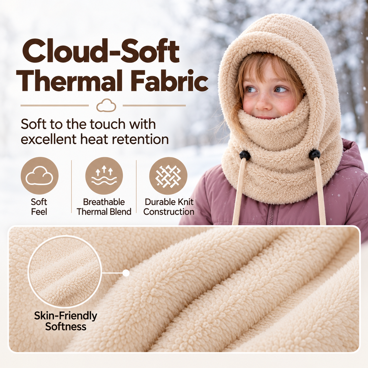 Soft fleece fabric details of children's winter headwear