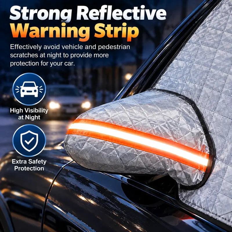 Reflective strips on windscreen cover wing mirror sleeves