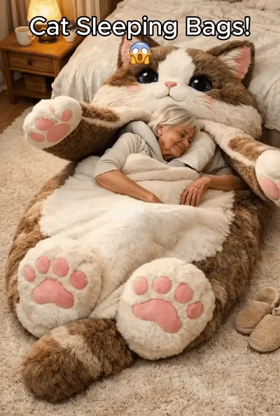 Animated demonstration of the giant fluffy cat sleeping bag