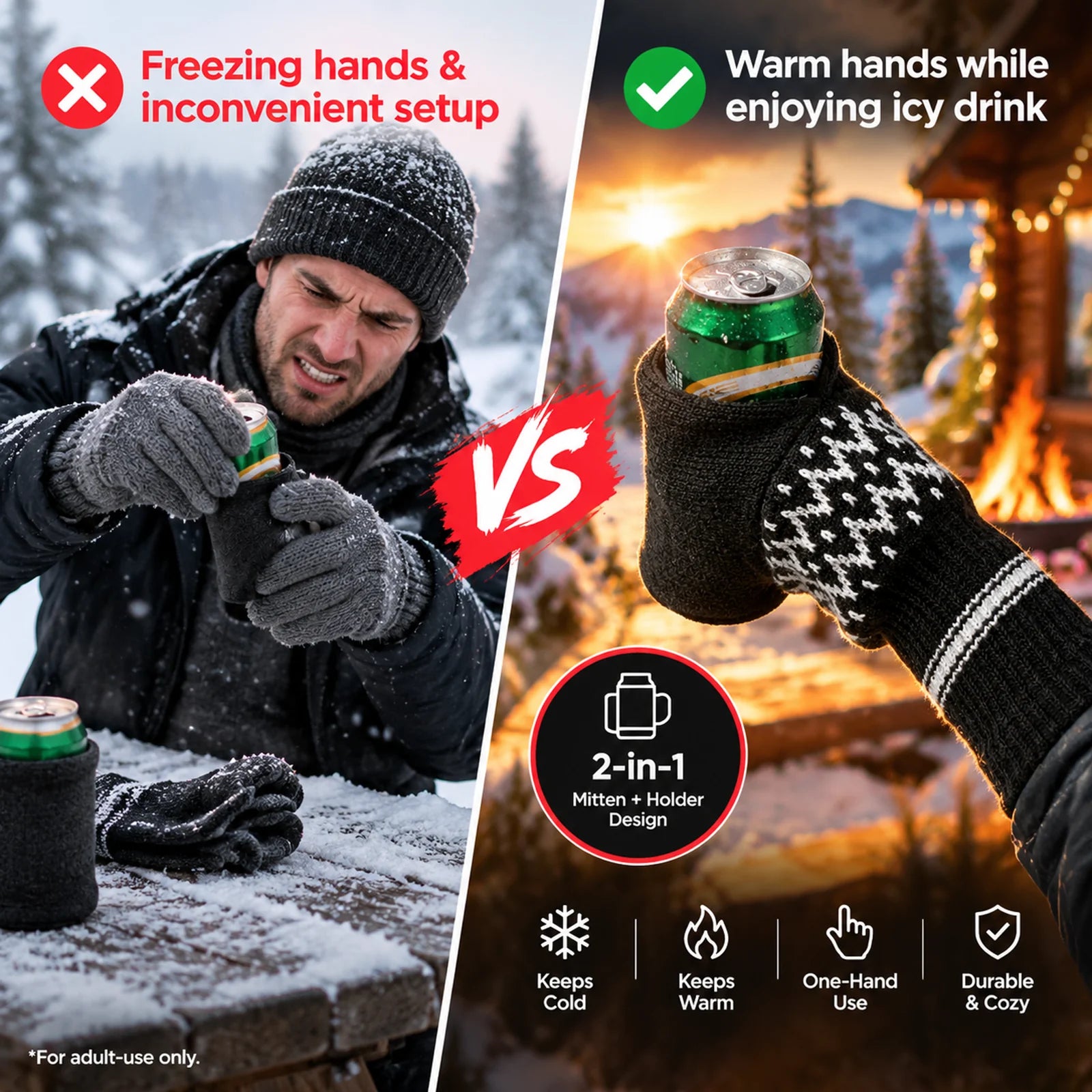 Comparison of holding a cold drink outdoors with and without the knitted beer mitten