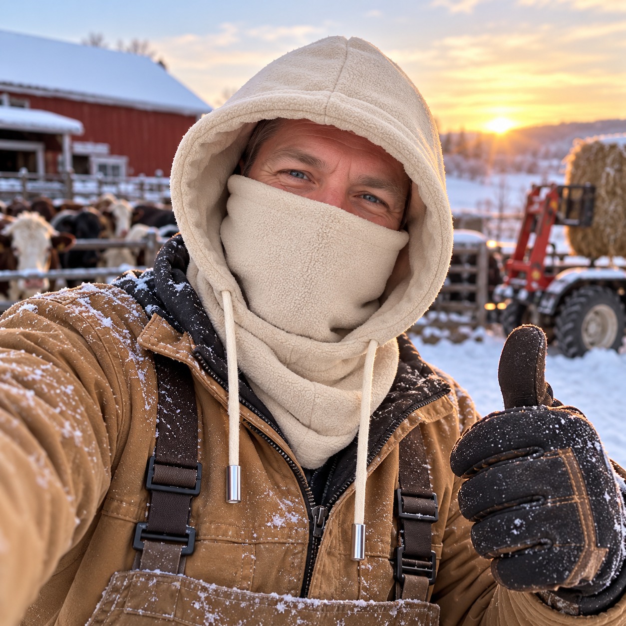 Customer wearing fleece winter hood