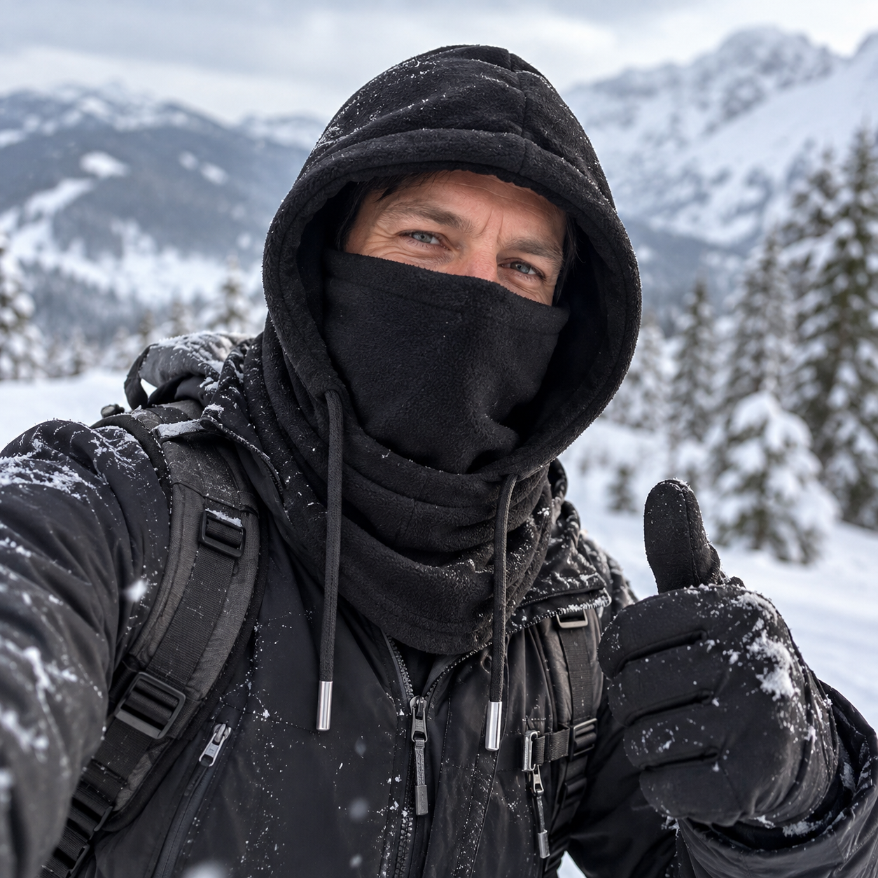 Customer using fleece hood outdoors