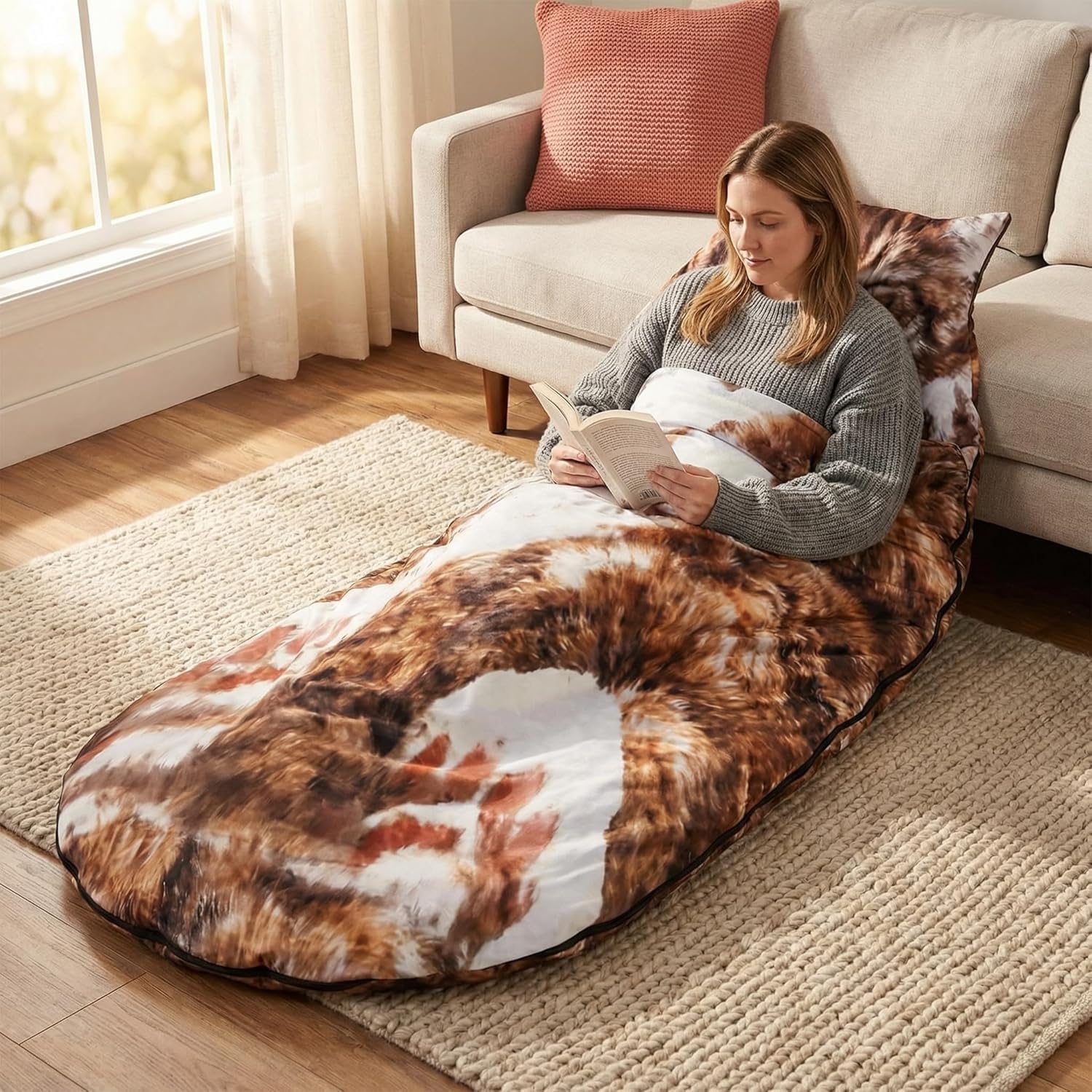 Woman reading in a cat-shaped sleeping bag next to a living room sofa