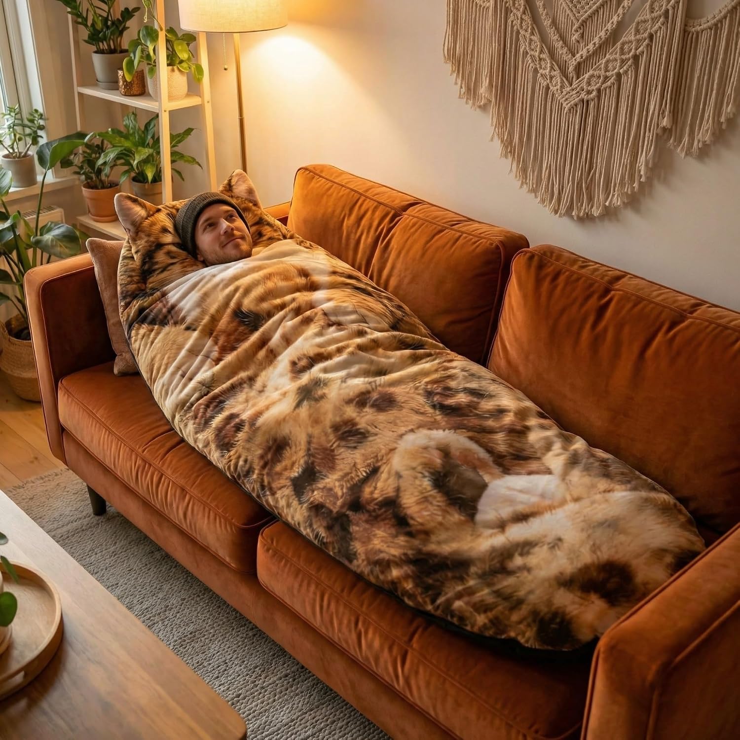Man relaxing on a sofa inside a fluffy cat sleeping bag