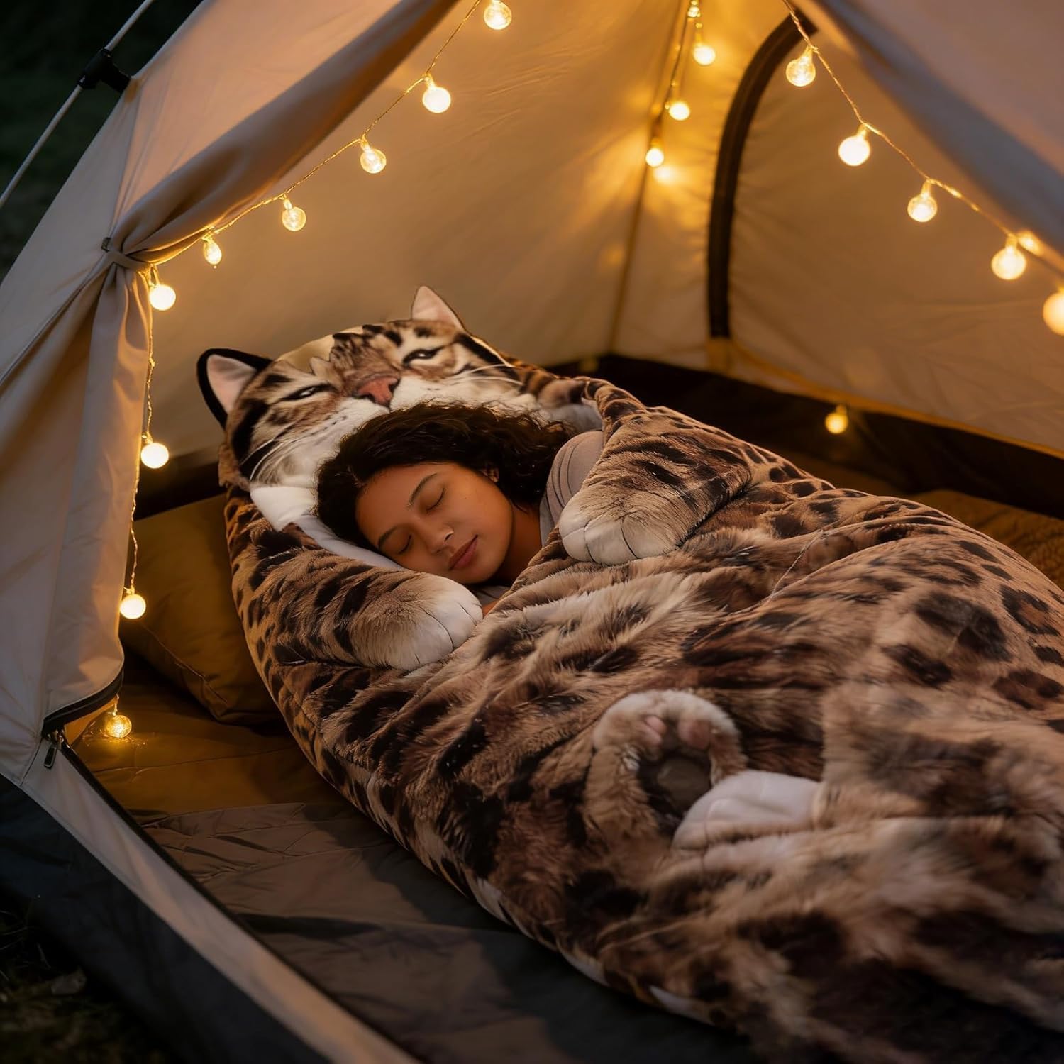 Cat-themed plush sleeping bag in a cozy tent setting