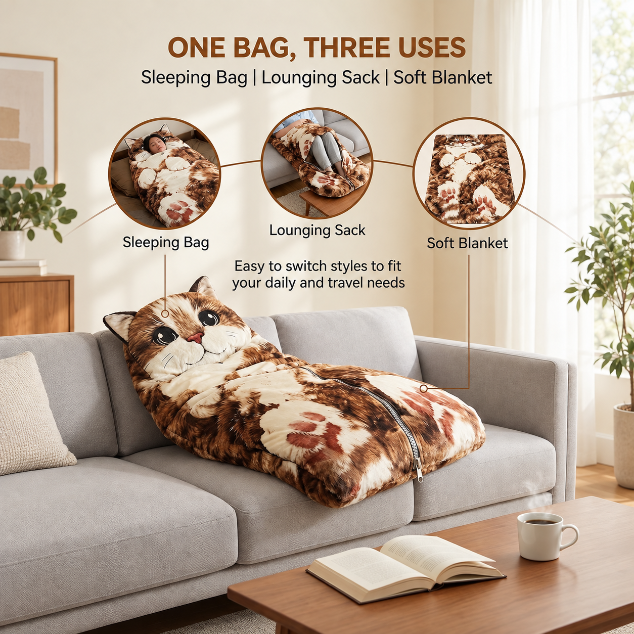 Three ways to use the cat sleeping bag: sleeping bag, lounging sack, and soft blanket