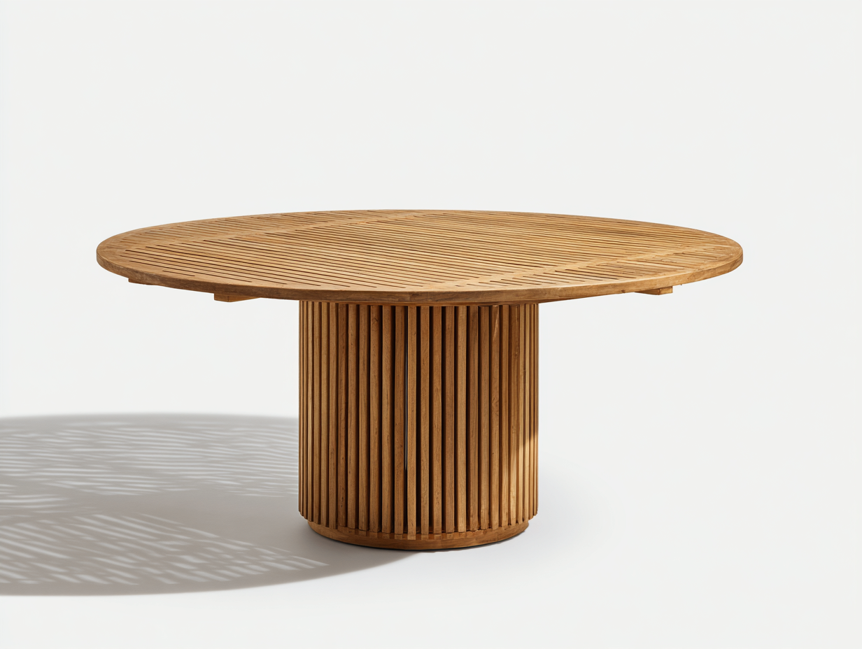 Mesas de jardín 120x120x75 cm - madera marrón para exterior - diseño redondo con base cilíndrica-Ravoraahaus