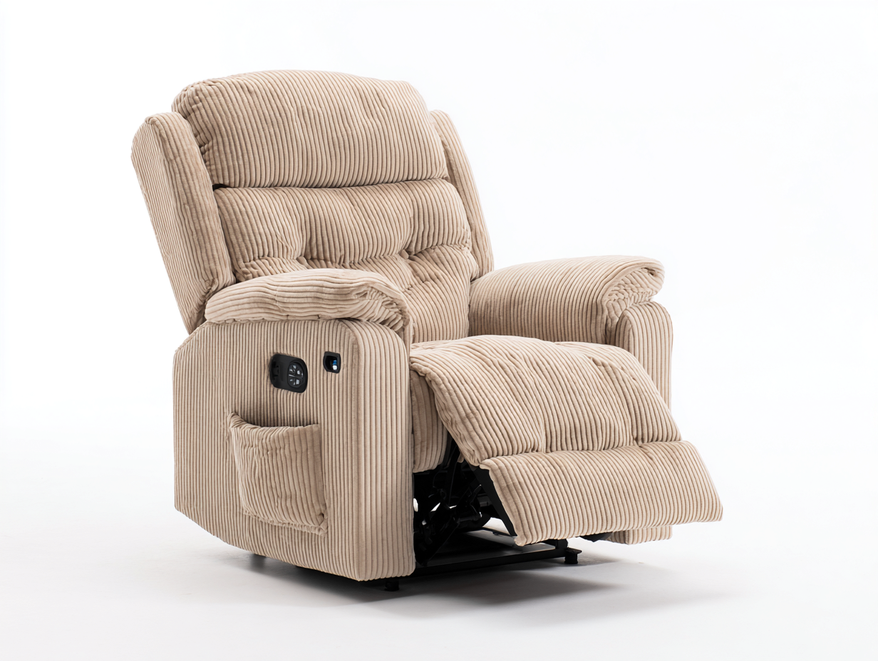 Sillones reclinables 105x95x102 cm - tela beige acanalada para salón - diseño eléctrico con reposapiés-Ravoraahaus