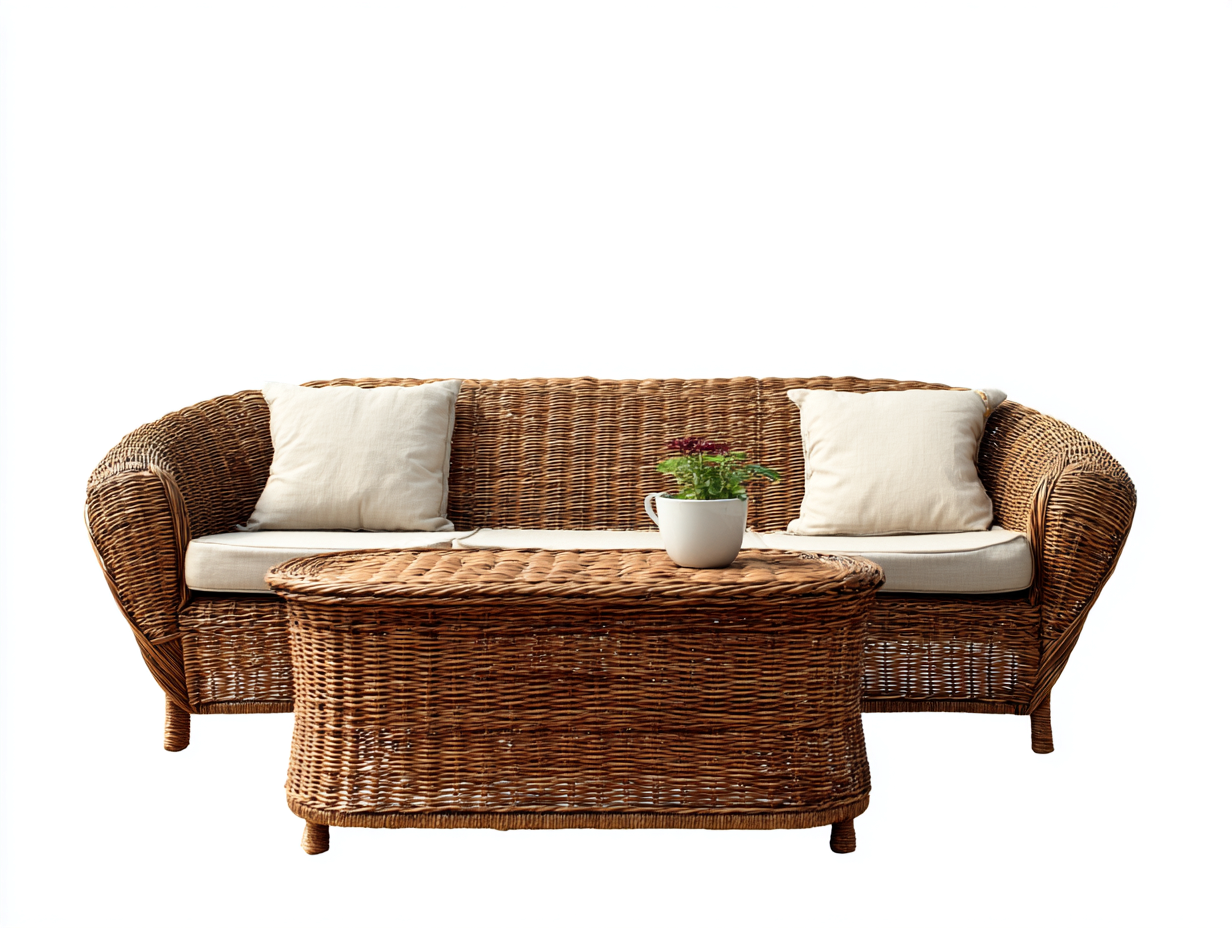 Sofás de exterior de ratán natural 210x86x78 cm - Con mesa de centro - Diseño clásico para jardín-Ravoraahaus