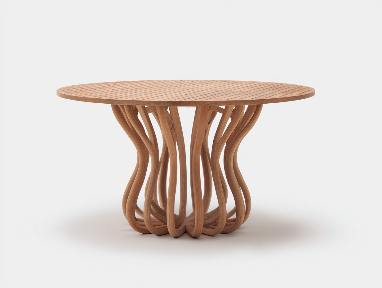 Mesas de jardín 120x120x76 cm - madera marrón para exterior - diseño redondo con base escultórica-Ravoraahaus