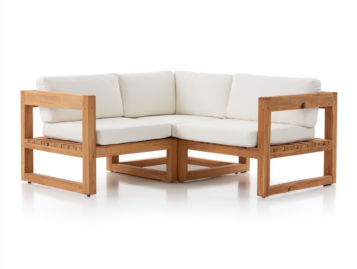Sofás de exterior de madera marrón y cojines blancos - 220x220x72 cm - diseño esquinero moderno para jardín-Ravoraahaus