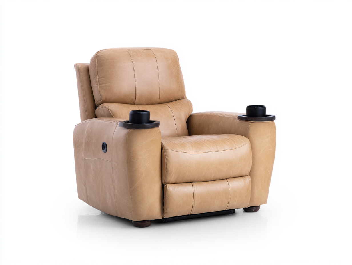 Sillones reclinables 102x96x104 cm - cuero sintético beige para salón - diseño con portavasos y reposapiés-Ravoraahaus