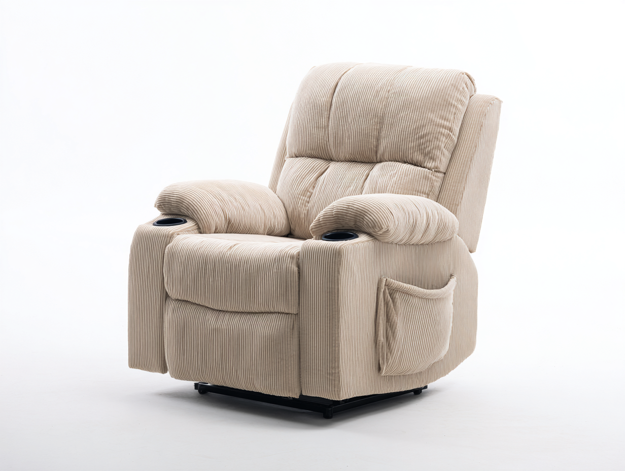 Sillones reclinables de tela beige 90x98x106 cm para salón - diseño acolchado con reposapiés-Ravoraahaus
