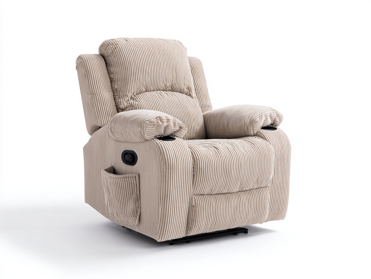 Sillones reclinables de tela beige 92x96x104 cm para salón - diseño acolchado con reposapiés-Ravoraahaus