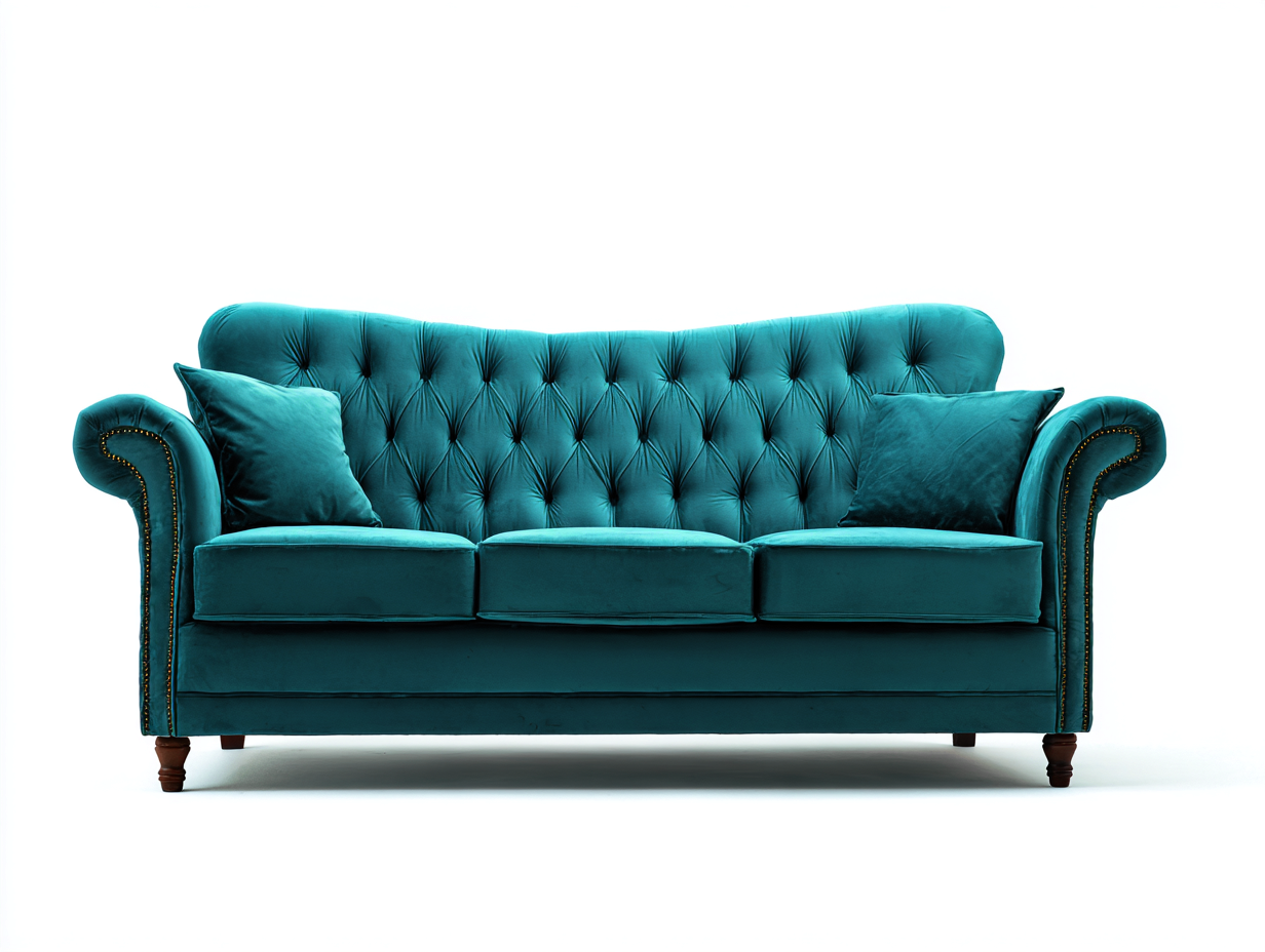 Sofás 3 plazas tapizados de terciopelo 224x92x82 cm - Turquesa-Natural - Diseño Chesterfield para salón-Sacorlonest