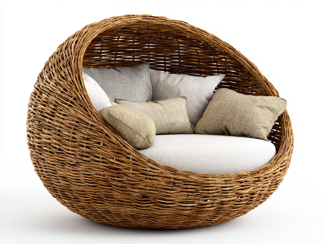 Sofás de exterior de ratán 175x120x120 cm - Marrón natural y beige - Diseño redondo tipo nido-Sacorlonest