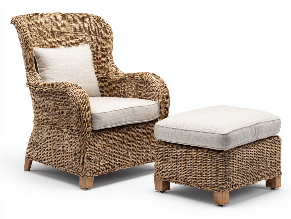 Sillón de ratán 90x94x108 cm natural y beige - para jardín - con reposapiés acolchado-Sacorlonest