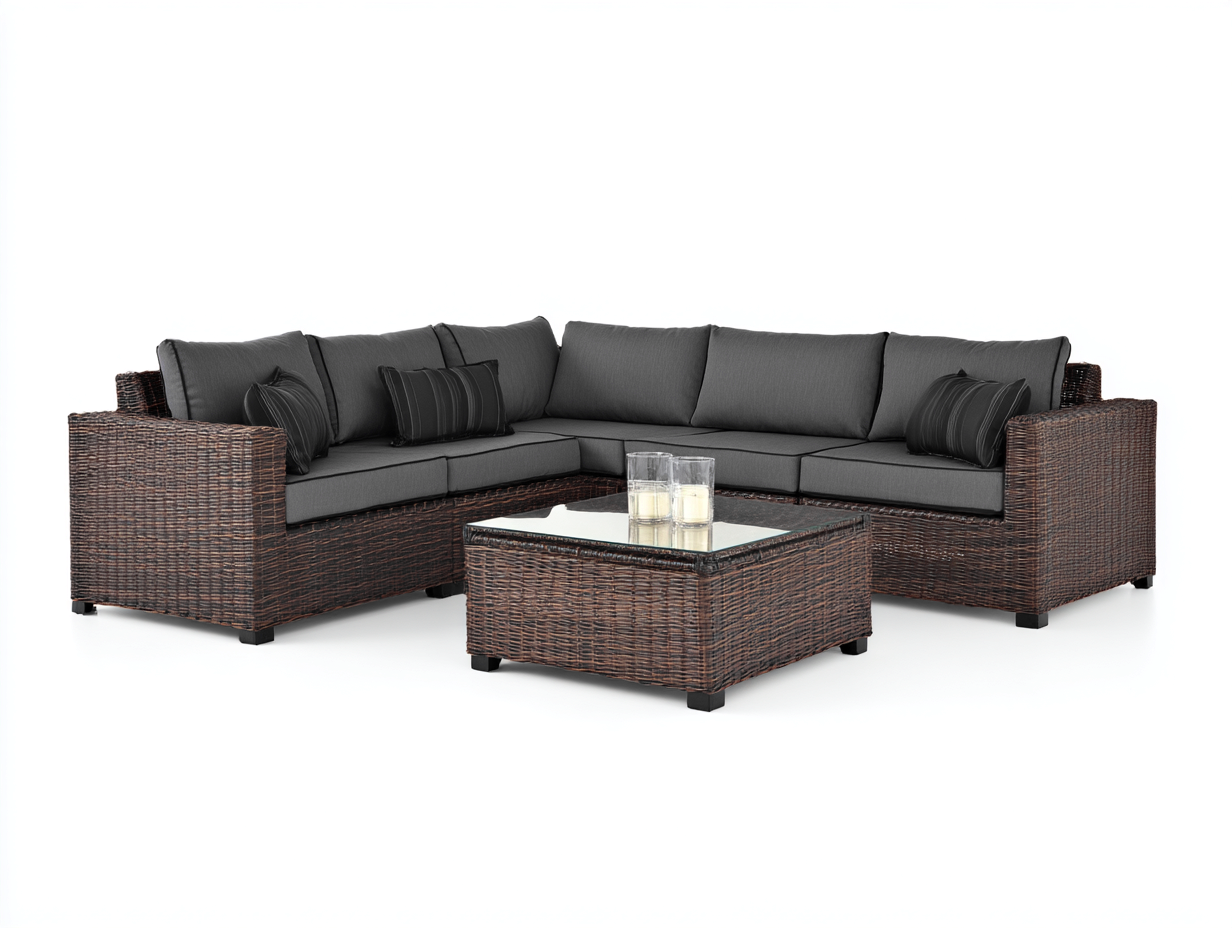 Sofás de exterior de ratán sintético 250x250x70 cm - marrón-gris oscuro - diseño cuadrado con mesa-Sacorlonest