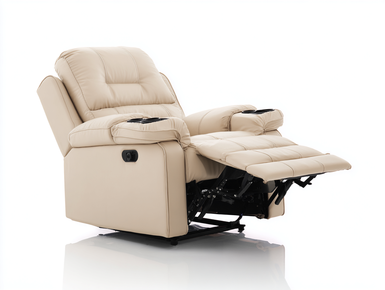 Sillones reclinables de cuero sintético 100x96x105 cm - Beige - Diseño acolchado con reposapiés y portavasos-Sacorlonest