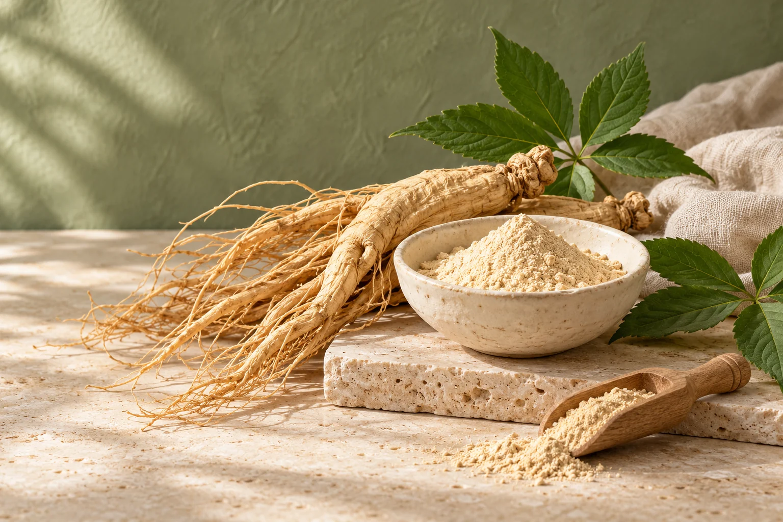 American ginseng roots and finely milled powder on natural stone with green leaves