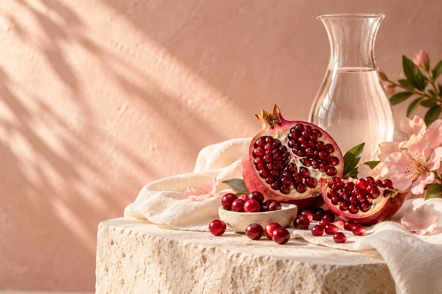 Pomegranate, cranberries and clear water in a softly lit blush still life
