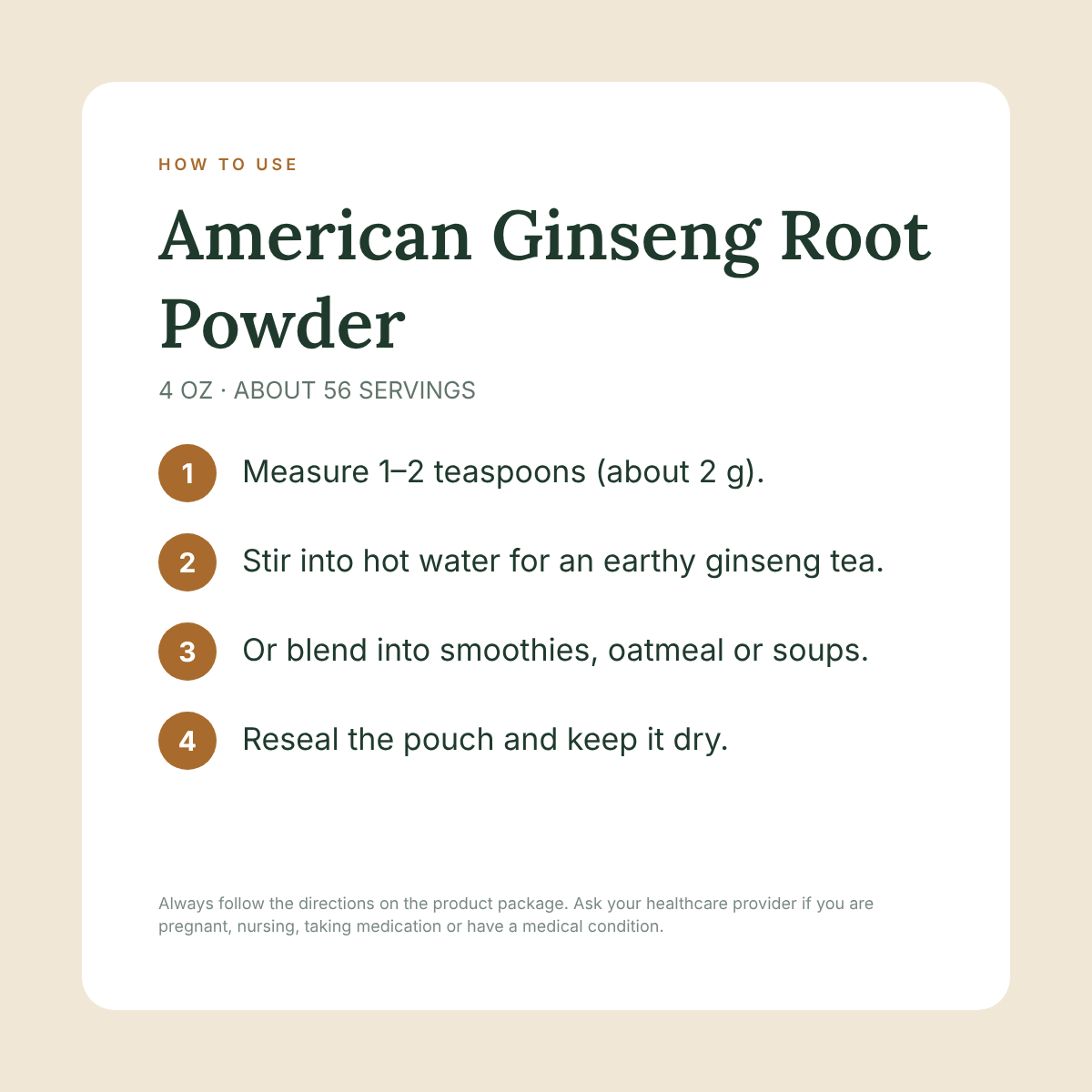 Wisconsin American Ginseng Root Powder - 4 oz (56 Servings)