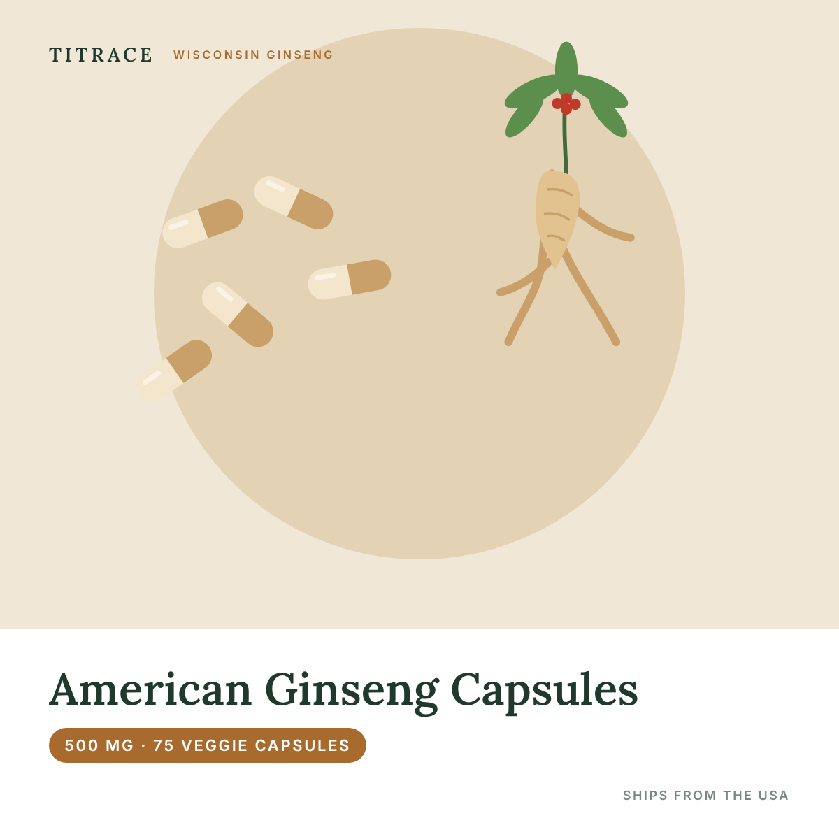 Wisconsin American Ginseng Capsules - 500 mg (75 Vegetable Capsules)