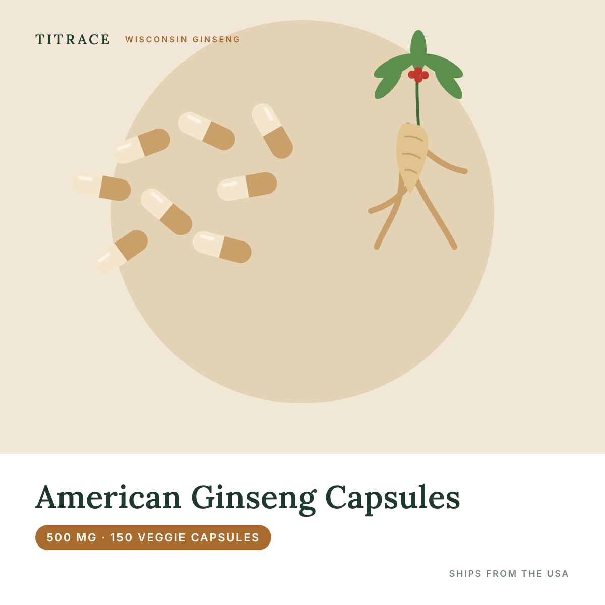 Wisconsin American Ginseng Capsules - 500 mg, Value Size (150 Vegetable Capsules)