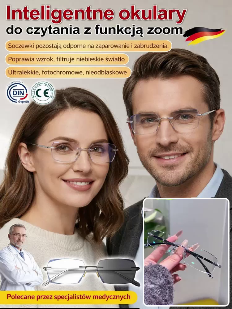Inteligentne Okulary Progresywne 3w1: Fotochrom + Anty-Blue Light + Auto Zoom -50%