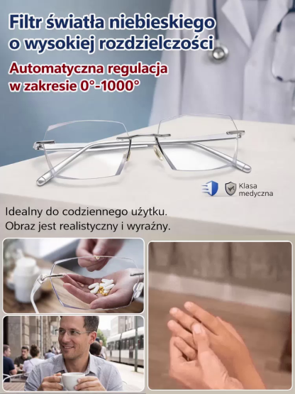 Inteligentne Okulary Progresywne 3w1: Fotochrom + Anty-Blue Light + Auto Zoom -50%