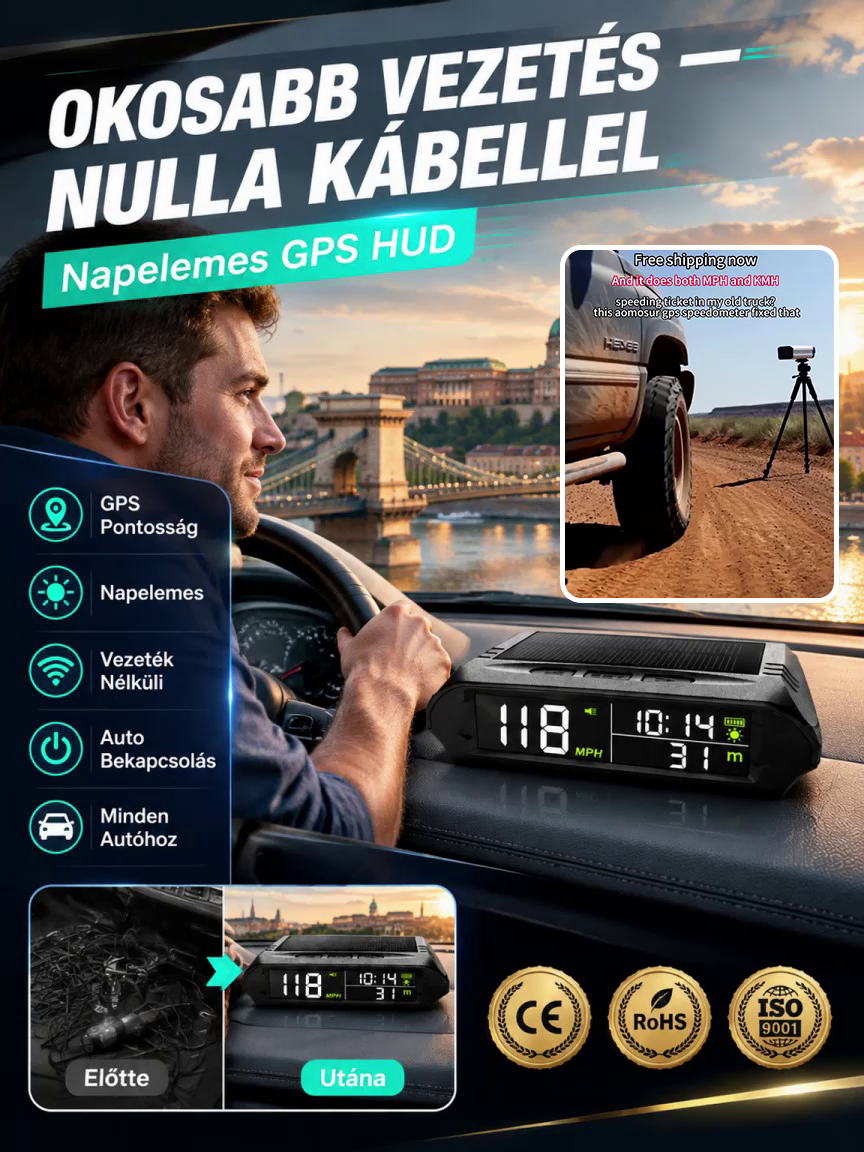 Napelemes Autós HUD Sebességmérő - Vezeték Nélküli GPS Kijelző (50% Kedvezmény + Ingyenes Szállítás)