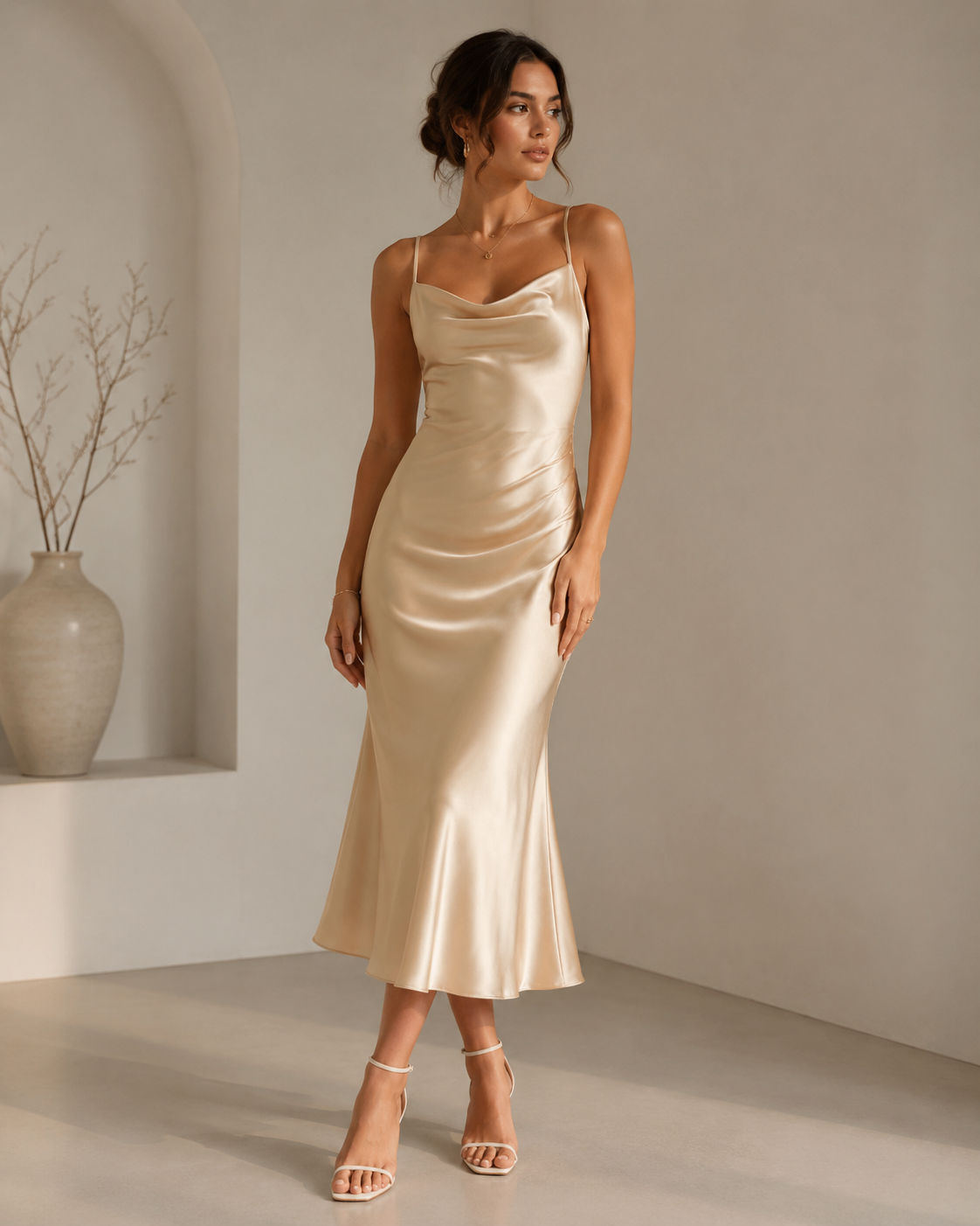 Lunae Label Satin Midi Dress Champagne Cowl Neck Slip Dress