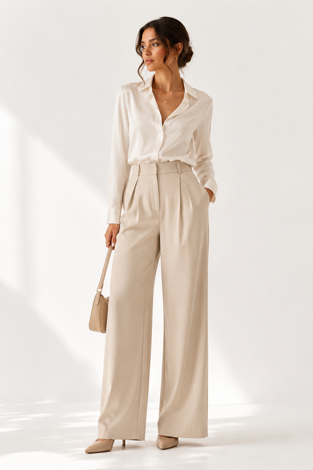 Beige High Waist Wide Leg Pants for Women - Lunae Label Elegant Trousers