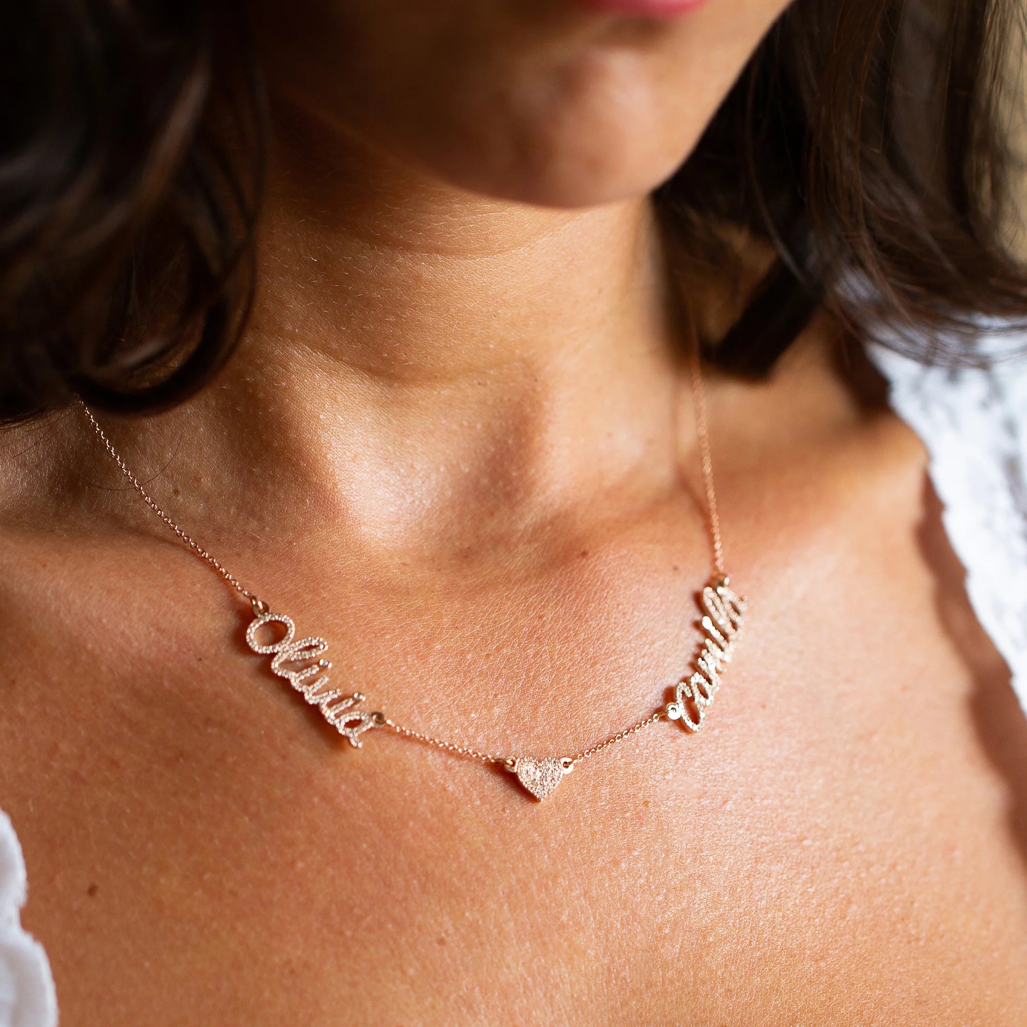 Custom Name & Pave Heart Charm Necklace