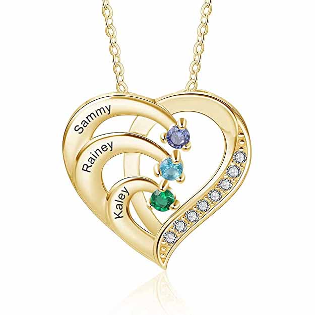 Personalized Mother Necklace 2/3/4 Stones Engraved 2/3/4 Names Birthstone Intertwined Heart Pendant