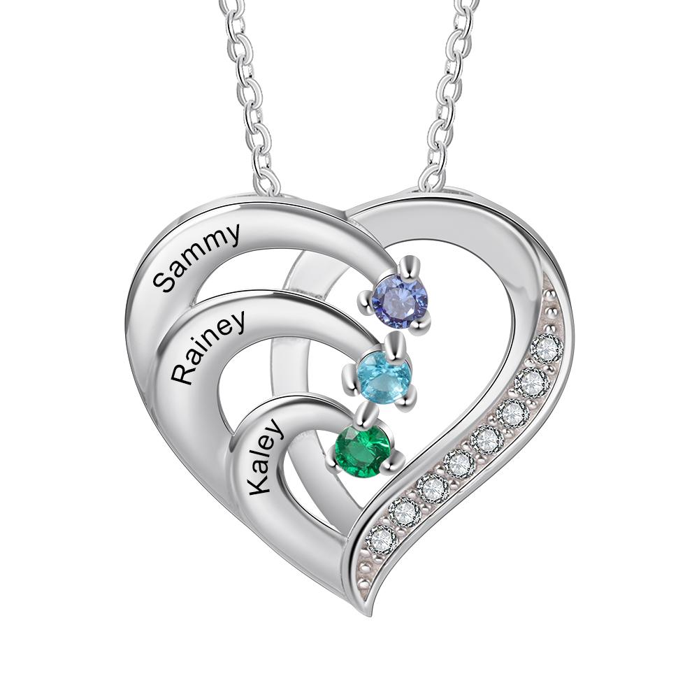 Personalized Mother Necklace 2/3/4 Stones Engraved 2/3/4 Names Birthstone Intertwined Heart Pendant