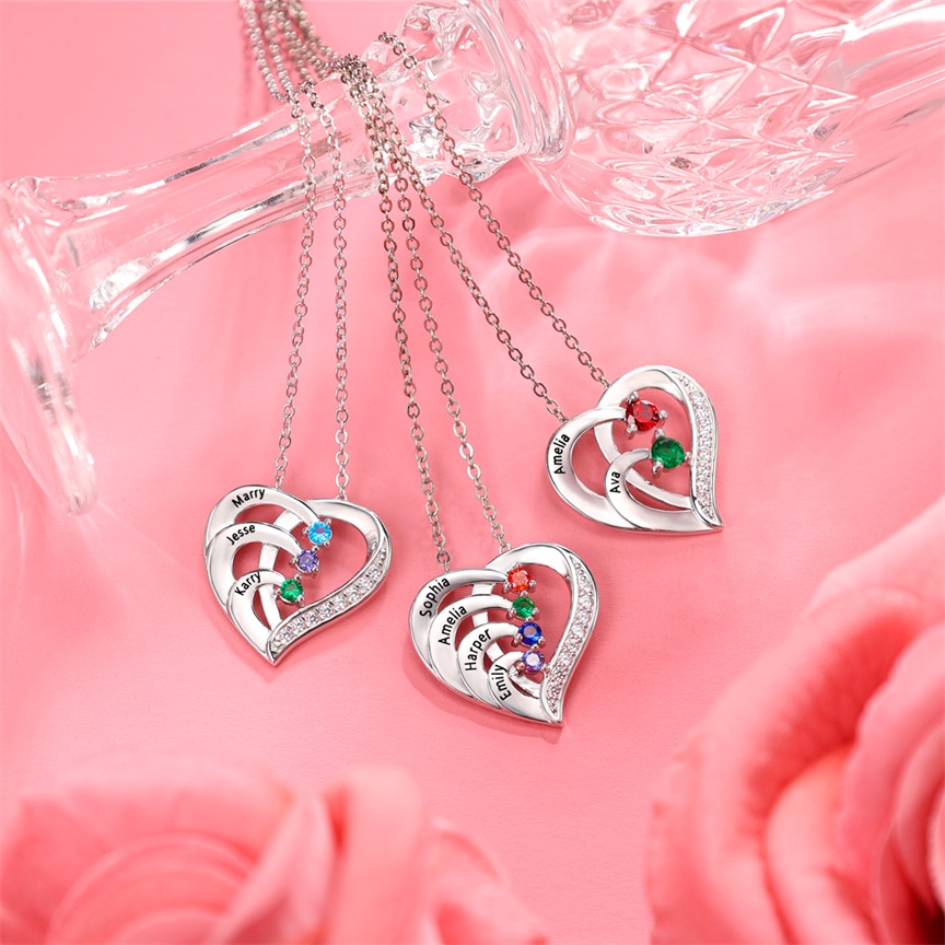 Personalized Mother Necklace 2/3/4 Stones Engraved 2/3/4 Names Birthstone Intertwined Heart Pendant