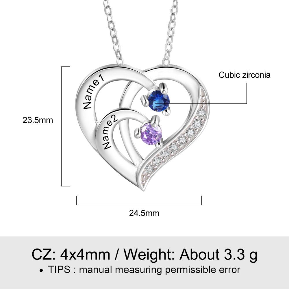 Personalized Mother Necklace 2 Stones Engraved 2 Names Birthstone Intertwined Heart Pendant