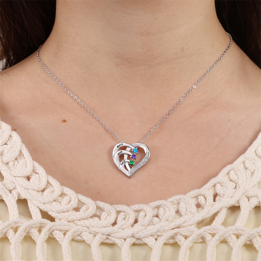 Personalized Mother Necklace 2 Stones Engraved 2 Names Birthstone Intertwined Heart Pendant