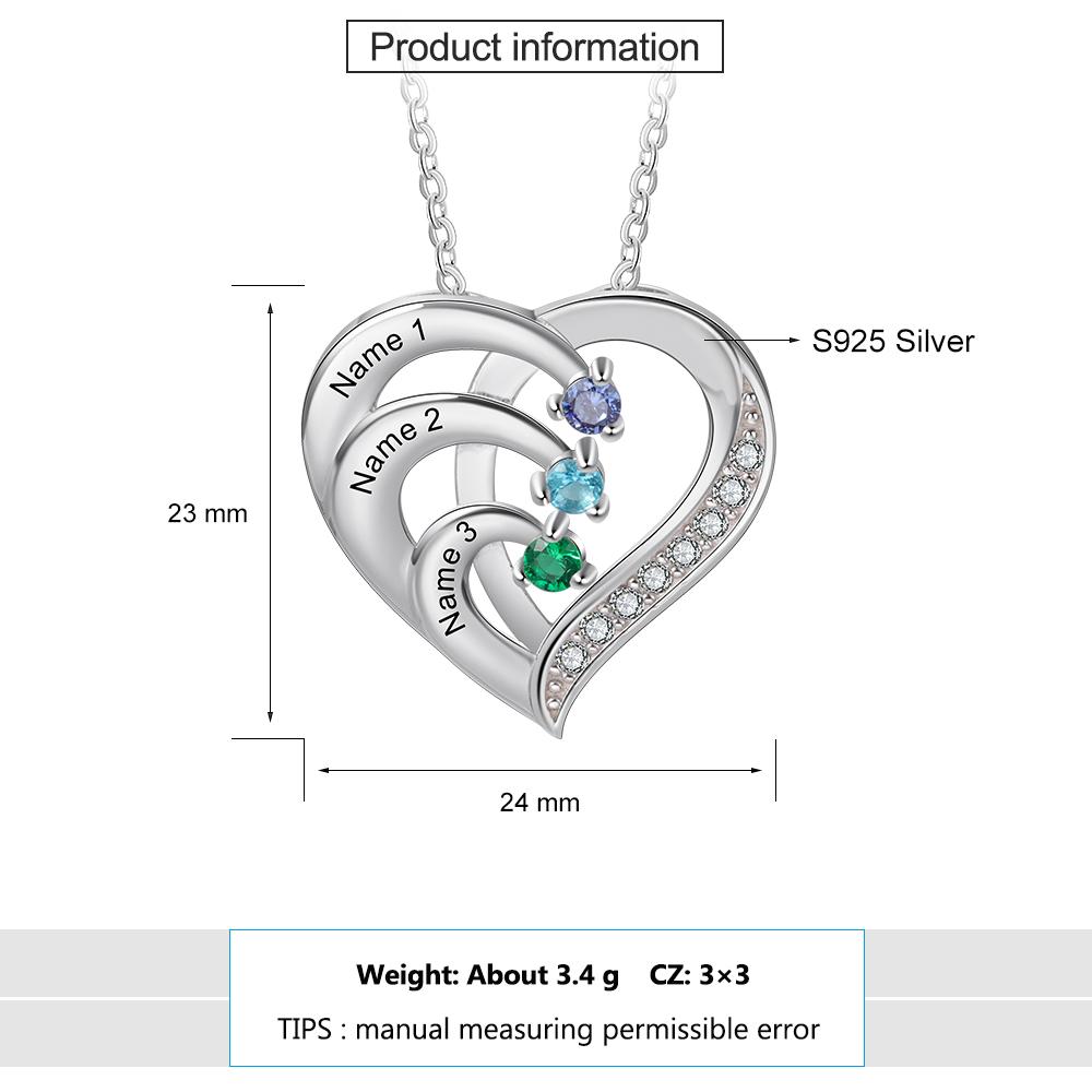 Personalized Mother Necklace 2/3/4 Stones Engraved 2/3/4 Names Birthstone Intertwined Heart Pendant