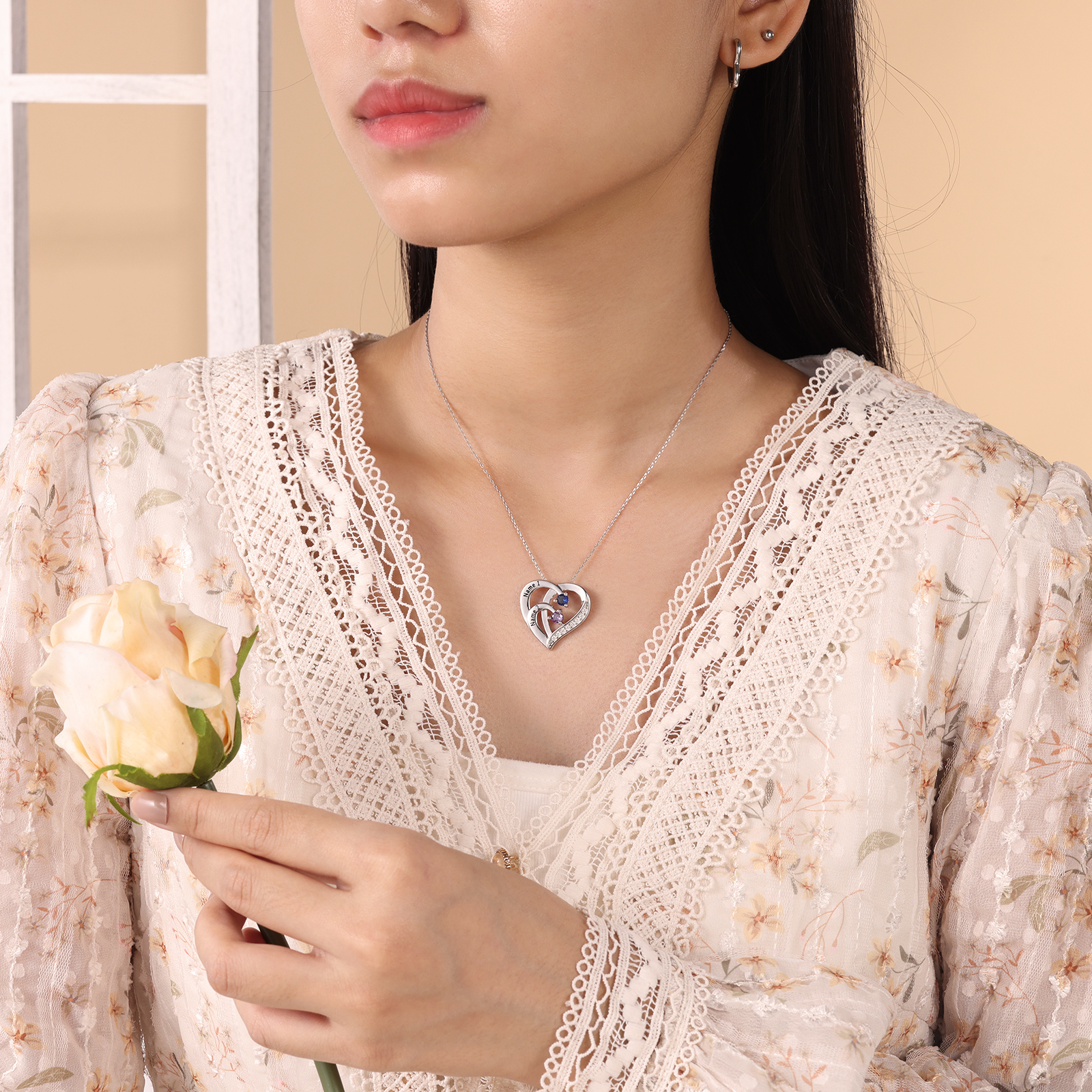 Personalized Mother Necklace 2 Stones Engraved 2 Names Birthstone Intertwined Heart Pendant
