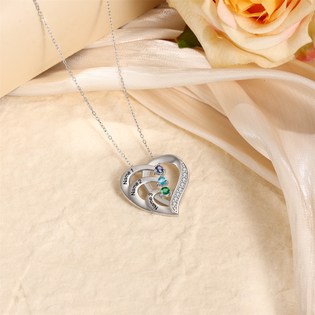 Personalized Mother Necklace 2/3/4 Stones Engraved 2/3/4 Names Birthstone Intertwined Heart Pendant