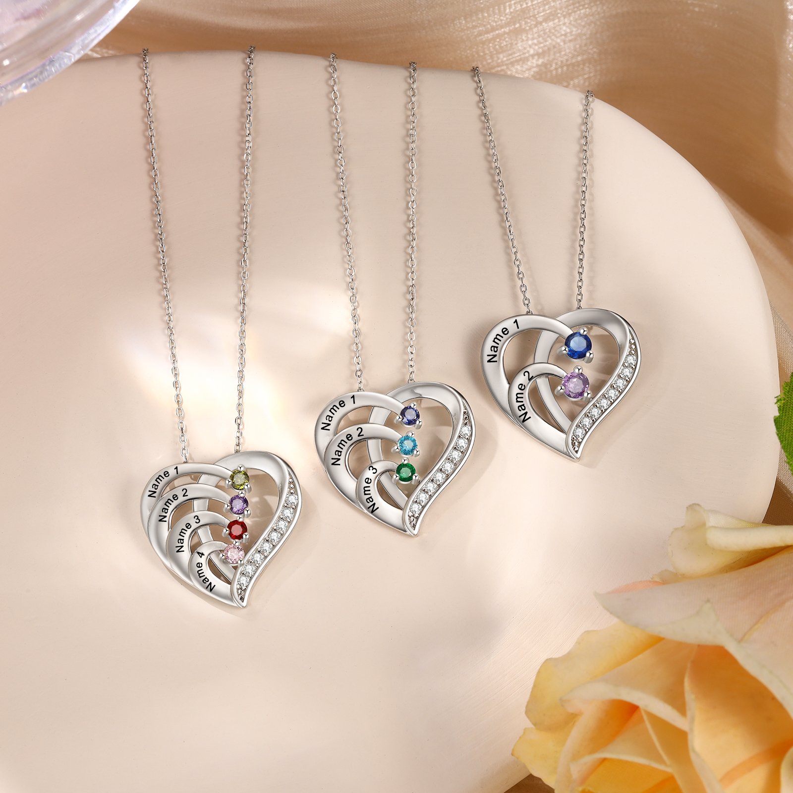 Personalized Mother Necklace 2 Stones Engraved 2 Names Birthstone Intertwined Heart Pendant