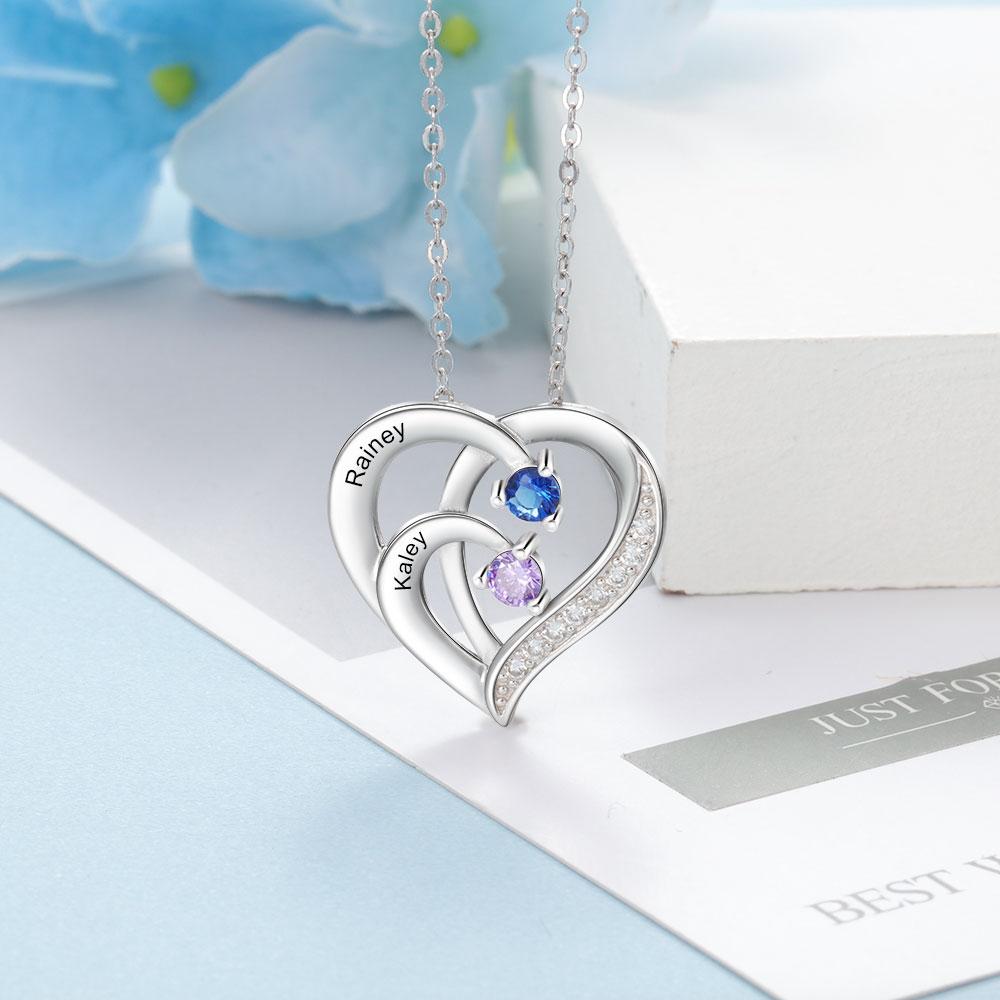 Personalized Mother Necklace 2 Stones Engraved 2 Names Birthstone Intertwined Heart Pendant